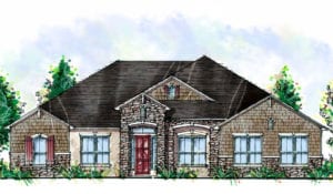 Colored rendering of a traditional home by Cornerstone Homes, named The Bartram, with a brick and stucco façade, arched entryway, and dormer windows set against a backdrop of shrubbery.