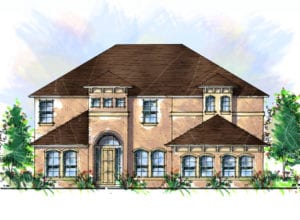 Side profile of a Cornerstone Homes design with a stucco exterior, prominent roof lines, and detailed window framing surrounded by greenery.