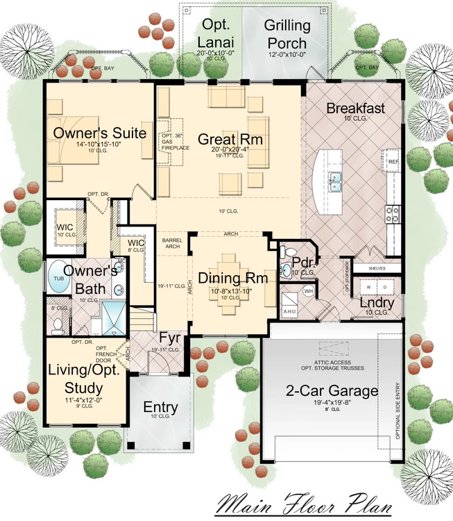 Main floor plan of the Castille II model by Cornerstone Homes, featuring an owner's suite, a great room with a fireplace, a dining room, optional study, breakfast area, and a two-car garage, all surrounded by detailed landscaping.