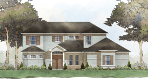 Artistic rendering of a two-story Cornerstone Homes custom-built house with a mix of stucco and stone facade, brown shutters, large windows, a prominent front door, and mature trees framing the home.