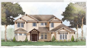 Illustration of a Cornerstone Homes design featuring a two-story traditional home with beige siding, brown accents, multiple gables, a covered entryway, and a lush lawn with trees in the background.