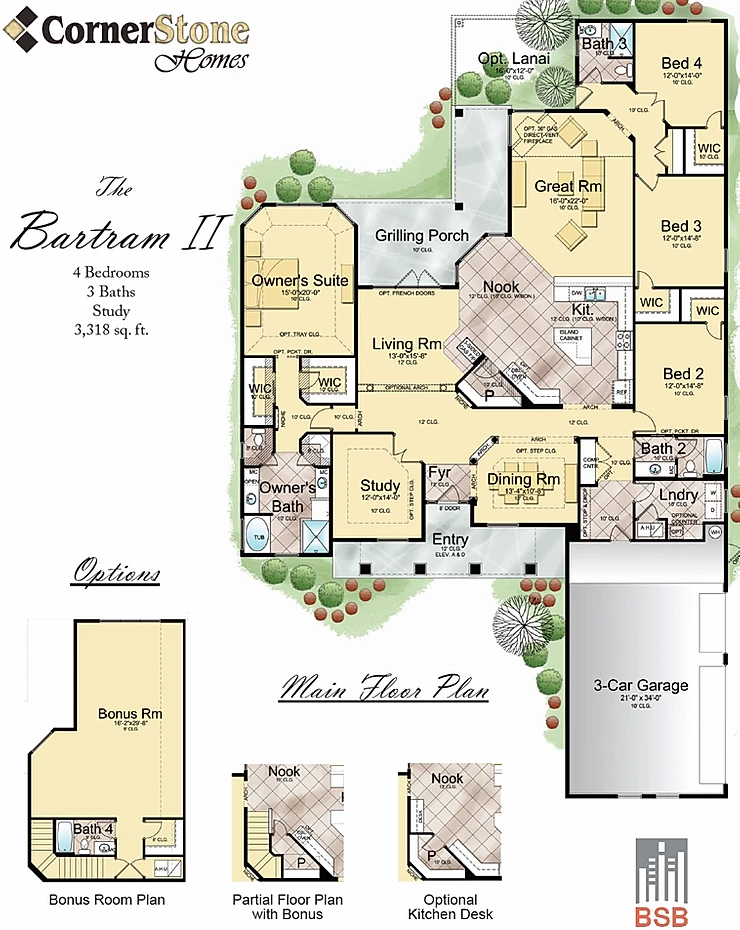 The Bartram II model by Cornerstone Homes featuring a detailed floor plan with multiple bedrooms and a three-car garage.