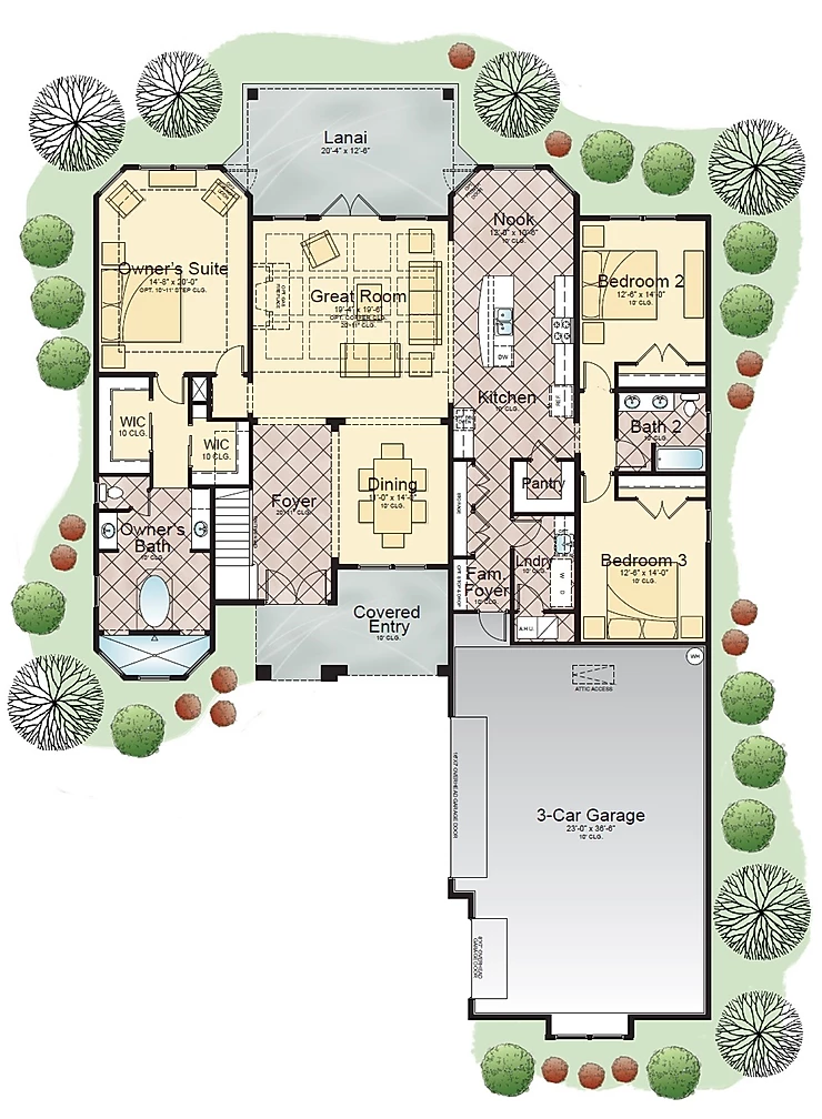 Floor plan of The Southaven model featuring spacious living areas and a 3-car garage by Cornerstone Homes.