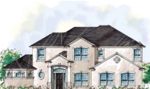 Elevation drawing of The Epping model A side by Cornerstone Homes, displaying a two-story design with an array of windows and a prominent roofline.