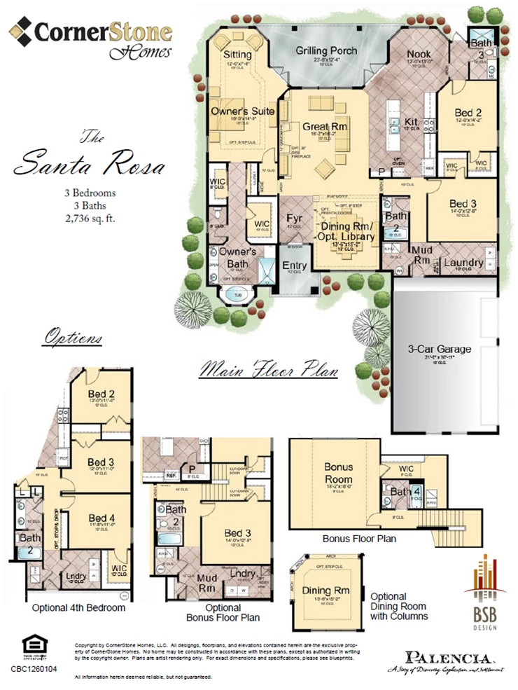 An artist's rendering of the Santa Rosa custom home by Cornerstone Homes featuring a spacious single-story design with a large grilling porch and an optional fourth bedroom.