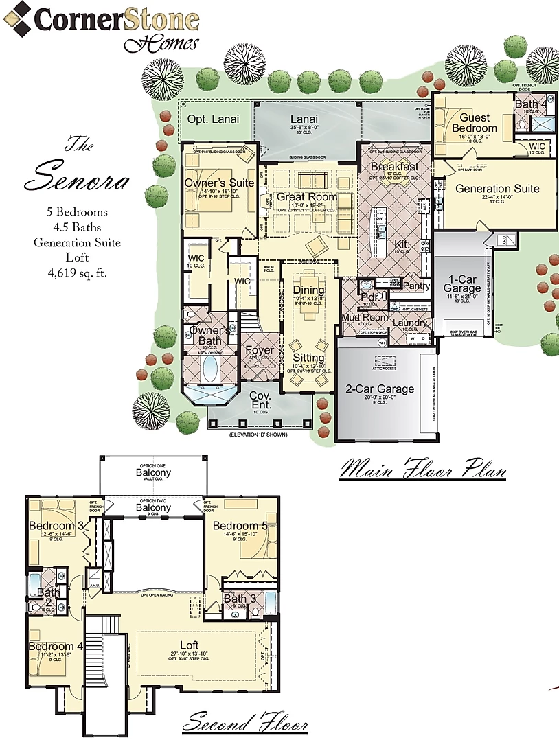 Comprehensive floor plan for The Senora model by Cornerstone Homes, showcasing a main floor with an owner's suite, guest bedroom, and a generation suite, plus a second floor with additional bedrooms, a loft, and optional balconies.