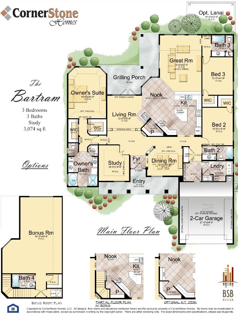 Floor plan for The Bartram, a Cornerstone Homes design, showcasing three bedrooms, three baths, a study, and a grilling porch, with a total of 3,074 square feet.