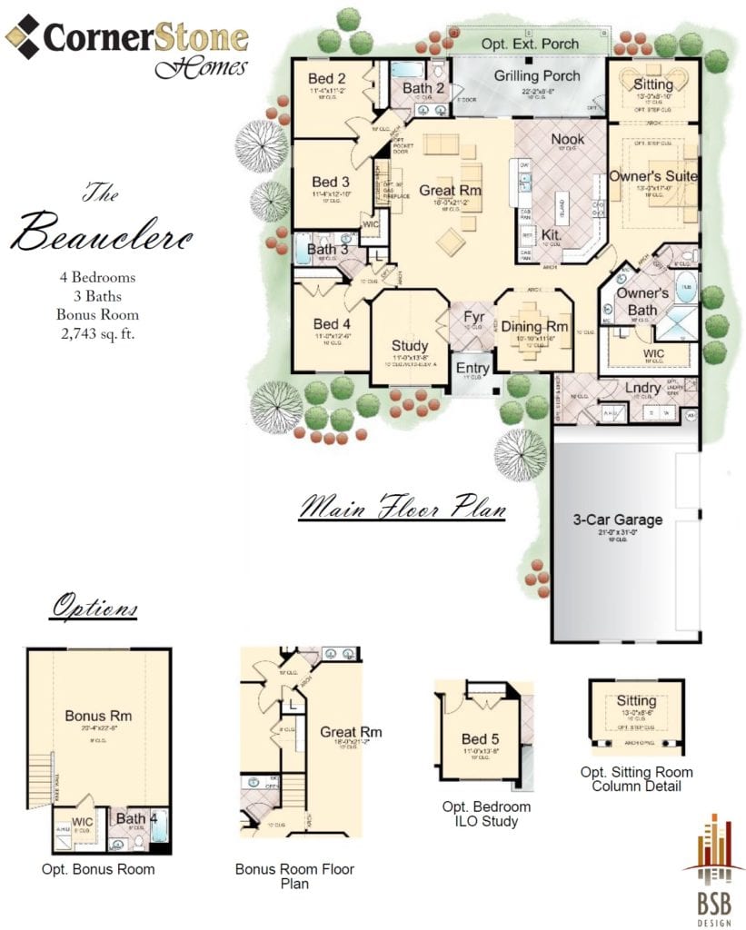 Detailed floor plan of the Beauclerc model, outlining the home's layout including bedrooms, baths, and living spaces on both floors.