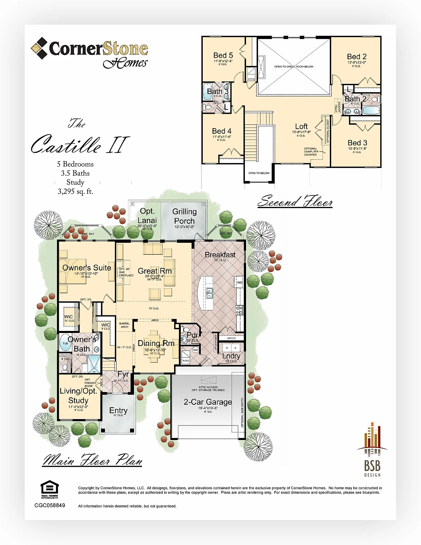 Detailed architectural floorplan of The Castille II by Cornerstone Homes featuring a spacious two-story layout with 5 bedrooms, 3.5 baths, and luxurious amenities for sophisticated living.