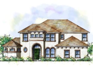 Colored sketch of The Epping model C side by Cornerstone Homes, illustrating a side view of the home with gabled roofs and a mix of exterior finishes.