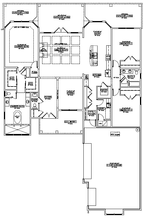 Black and white floor plan layout for the Ireland model by Cornerstone Homes, presenting a clear view of the room arrangements and space design.
