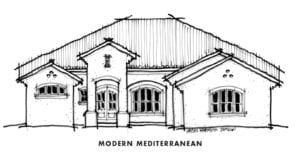 Sketch of the Modern Mediterranean elevation for the Ireland model by Cornerstone Homes, highlighting architectural details and unique window shapes.