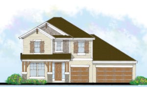 An English Country elevation concept for a Cornerstone Homes custom dwelling, showcasing a blend of brick and stucco finishes, quaint window shutters, and a welcoming entryway.
