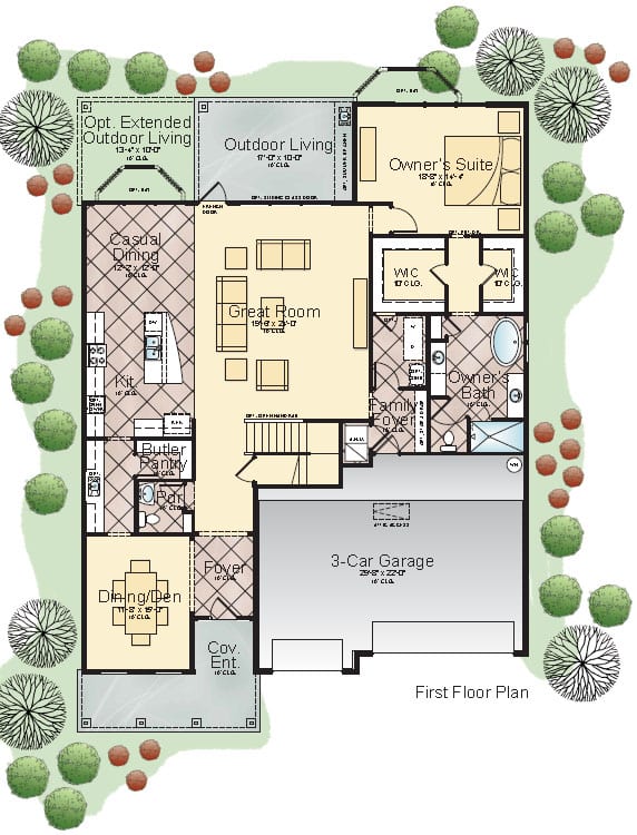 The Ortega model's first-floor plan by Cornerstone Homes, displaying a spacious owner's suite, great room, casual dining area, and a three-car garage surrounded by detailed landscaping.