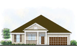 Artistic rendering of 'Riverside Elevation C' by Cornerstone Homes, depicting a tan stucco facade with white trim, shutters, and an elegant entry porch.