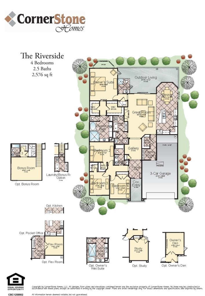 Illustrated brochure for the Riverside home design, featuring a full floor plan with options for customization, and an extensive outdoor living area.