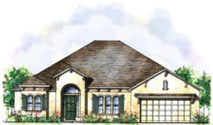 A front elevation drawing of the Santa Rosa model by Cornerstone Homes, illustrating a balanced facade with a combination of window styles and a central entrance.