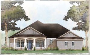 A single-story home design by Cornerstone Homes with Craftsman influences, displaying natural wood siding, white trim, and a welcoming front porch under a gabled roof.