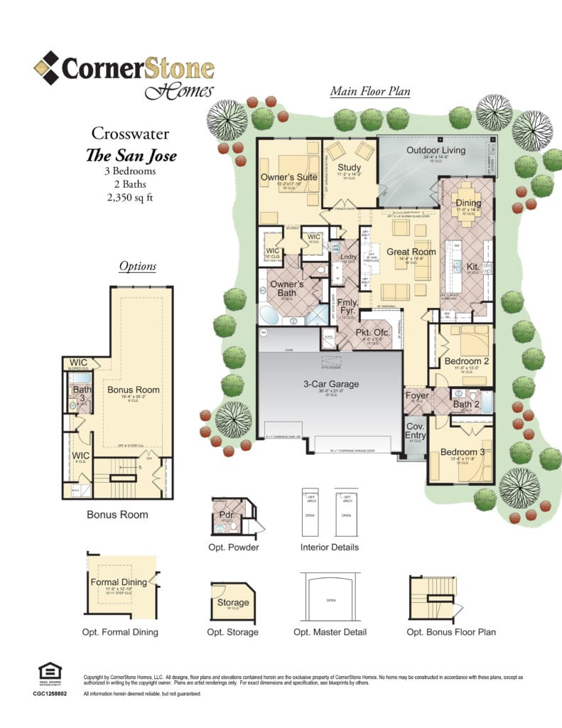 Detailed floor plan brochure for 'San Jose' by Cornerstone Homes, highlighting a spacious layout with three bedrooms, outdoor living areas, and optional bonus room.