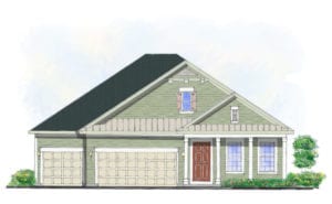 Drawing of 'San Jose Seaside Traditional Elevation C' by Cornerstone Homes, with a symmetrical facade, gable roof, and coastal-inspired design elements.