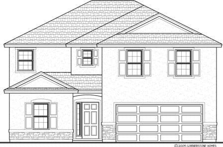 Line drawing of the San Mateo III Elevation D, displaying a two-story home with a brick façade, multiple windows, and an attached garage.
