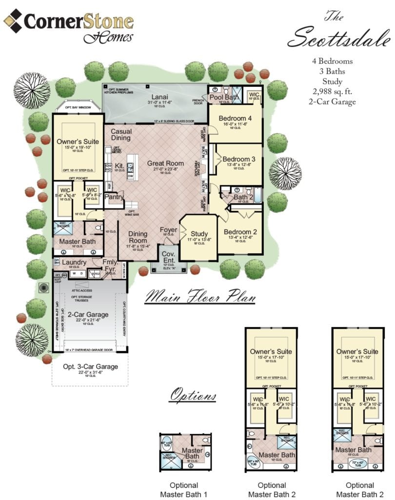 Detailed floor plan of The Scottsdale, a Cornerstone Homes layout, featuring four bedrooms, three baths, a study, and a lanai, with 2,988 square feet and an optional 2-car garage.