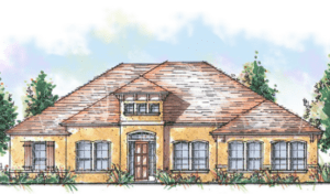 Watercolor depiction of a Cornerstone Homes luxury residence, featuring a warm stucco exterior with prominent roof lines, an inviting double-height entrance, and elegantly arched windows.