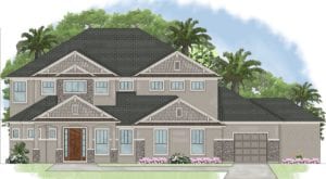 Artistic rendering of the Senora model D by Cornerstone Homes with a sophisticated dual-toned exterior, multiple windows, and a lush landscaped front yard.