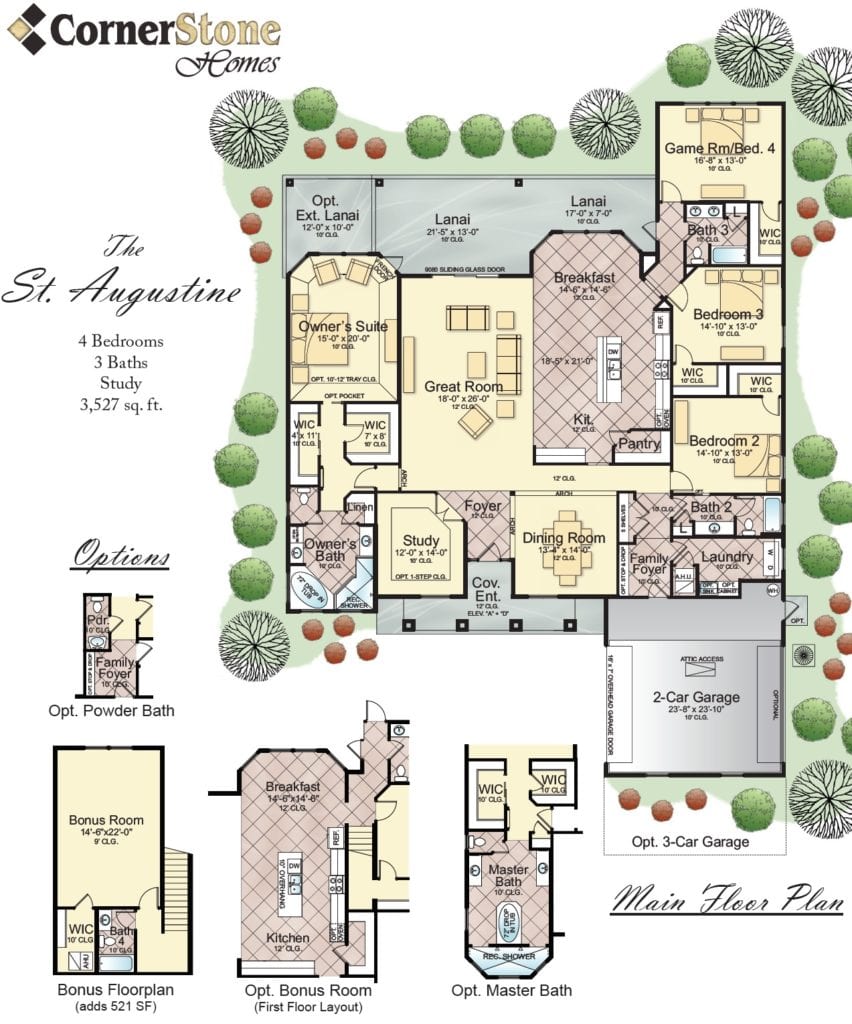 The St. Augustine floor plan by Cornerstone Homes, a spacious 4-bedroom, 3-bath layout featuring a great room, study, and options for an extended lanai, bonus room, and 3-car garage.
