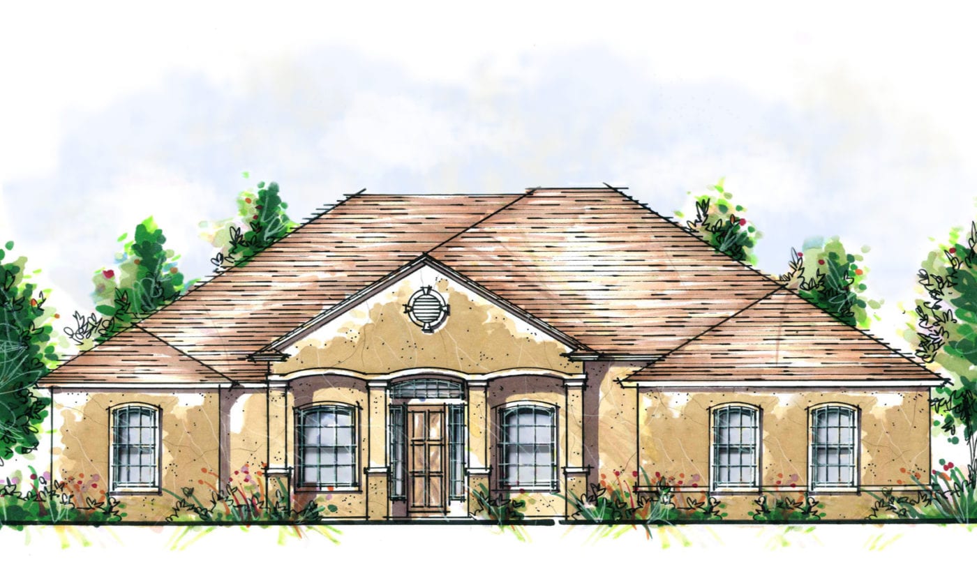 Traditional home front elevation by Cornerstone Homes, showcasing a combination of stucco walls, large windows, and a central peaked gable over the main entrance.
