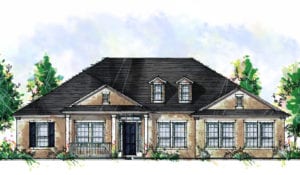 Artistic illustration of Cornerstone Homes' St. Augustine model showcasing a single-story home with a French door entry, symmetrical windows with shutters, and a lushly landscaped front yard.