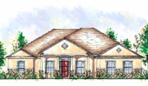 Elegant single-story home elevation by Cornerstone Homes with a classical design, featuring a red entry door, symmetrically placed windows, and a neatly pitched roof.
