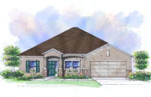 Cornerstone Homes' St. Thomas-D design with a beige stucco finish, decorative stone masonry, and a symmetrical roofline with a central gable.