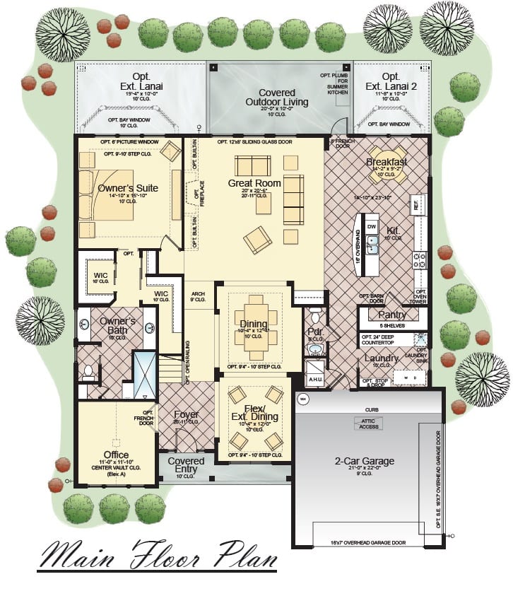 First-floor plan of a Cornerstone Home with an owner's suite, great room, covered outdoor spaces, and a two-car garage, complete with measurements and optional modifications.