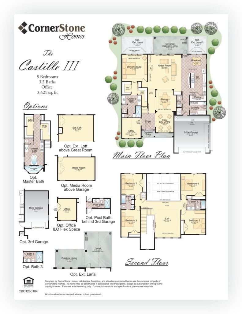 Castille III" floorplan by CornerStone Homes. It shows a two-story home with several options for customization. The main floor plan includes an owner's suite, great room, kitchen with pantry, breakfast area, laundry, two-car garage, and a covered outdoor living space. Optional features include an extended lanai, a media room above the garage, a third garage with an optional pool bath, and a bath 3 in place of the office space. The second floor includes four bedrooms, a loft, and two additional bathrooms. There's an option for an extended loft above the great room as well. This type of detailed floorplan is helpful for understanding the layout and potential of a home before it's built. Ready for Custom Home Consultation in Jacksonville