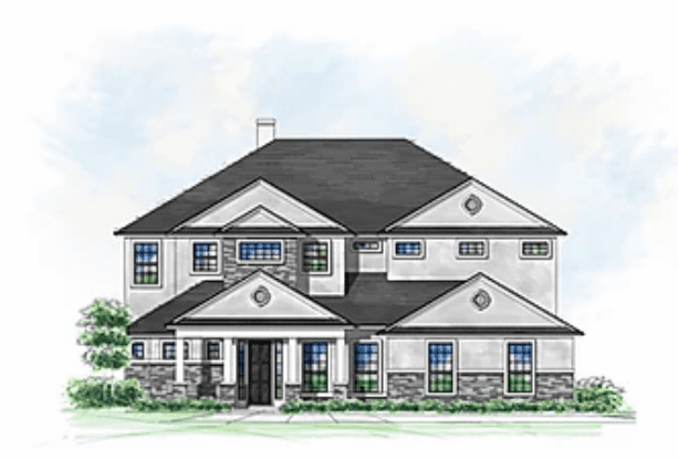 Architectural drawing of a luxury Cornerstone Home with a commanding presence, featuring stone accents, a symmetrical facade with a central peaked gable, and refined blue door, creating a vision of modern elegance in a prestigious neighborhood setting.
